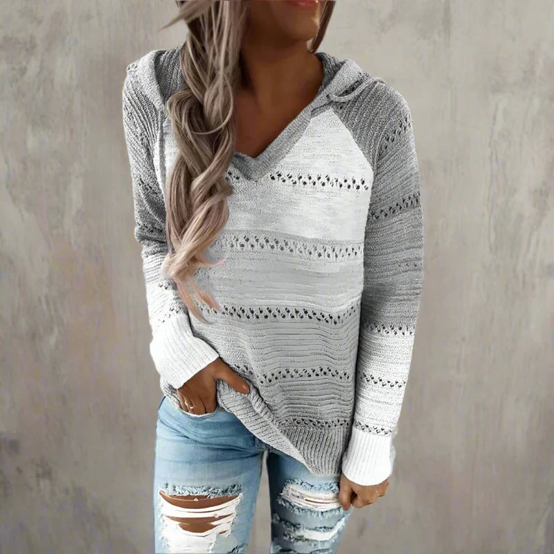 Bohemian patchwork hooded knit pullover for women | Elara Mosaic -4