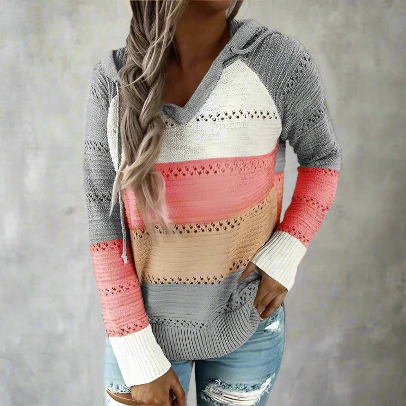 Bohemian patchwork hooded knit pullover for women | Elara Mosaic -2