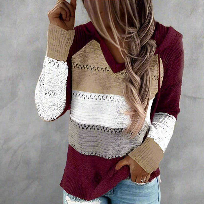 Bohemian patchwork hooded knit pullover for women | Elara Mosaic -5