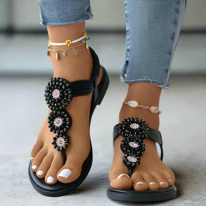 Bohemian beaded rhinestone flat sandals for women | Aria Coast -4