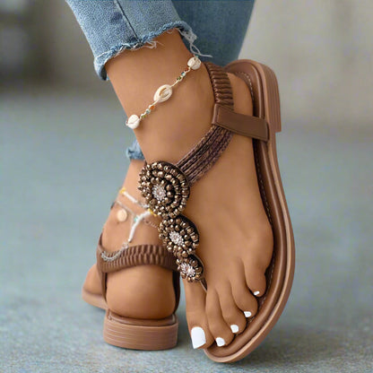 Bohemian beaded rhinestone flat sandals for women | Aria Coast -2