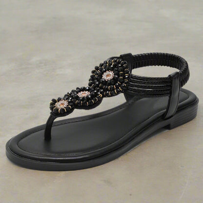 Bohemian beaded rhinestone flat sandals for women | Aria Coast -5