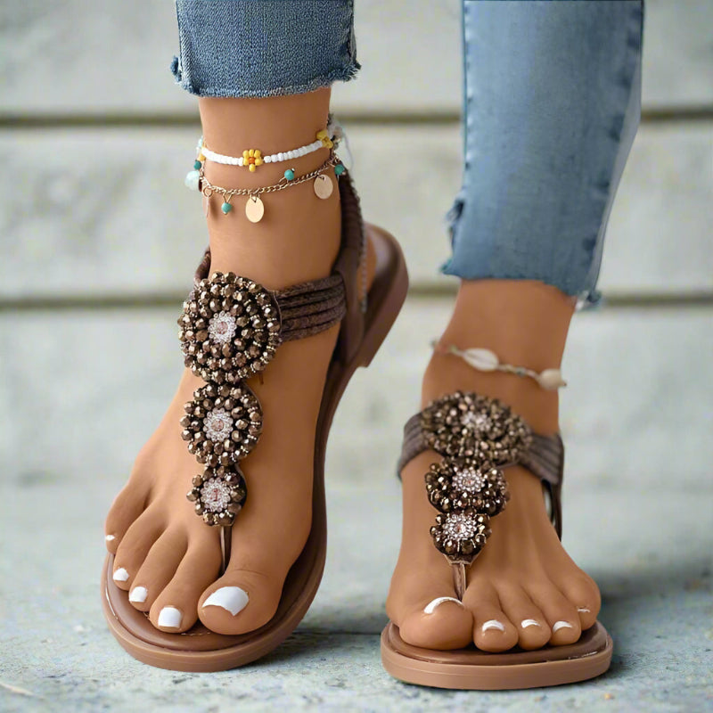 Bohemian beaded rhinestone flat sandals for women | Aria Coast -1