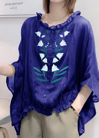 Art Navy Ruffle Trim Half Sleeve Blouse for Women | Mireya