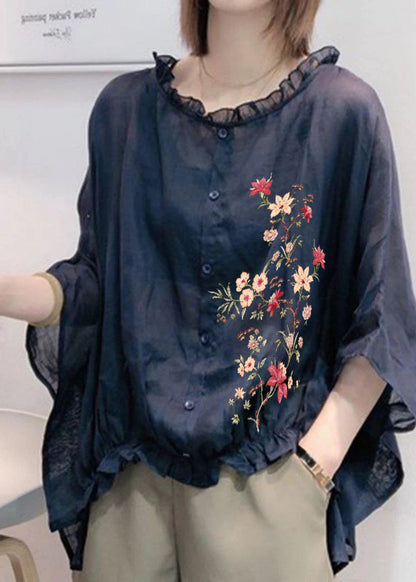 Art Navy Ruffle Trim Half Sleeve Blouse for Women | Mireya