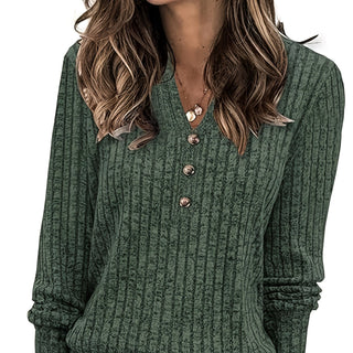 Virelle | Women's Ribbed Button Neck Long Sleeve Top