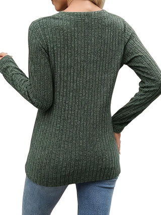 Virelle | Women's Ribbed Button Neck Long Sleeve Top