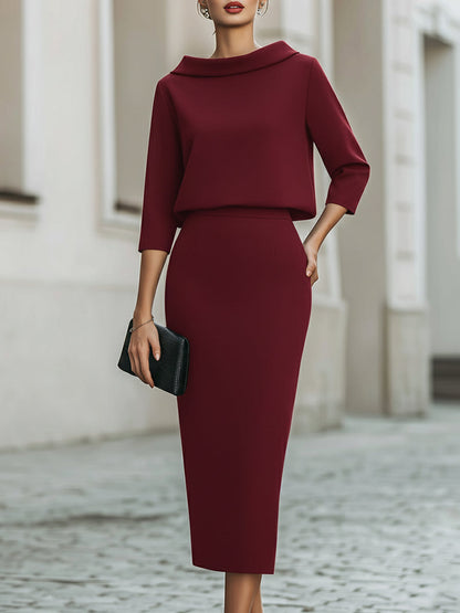 Boat-neck top and straight midi skirt set for women | Arvienne -8