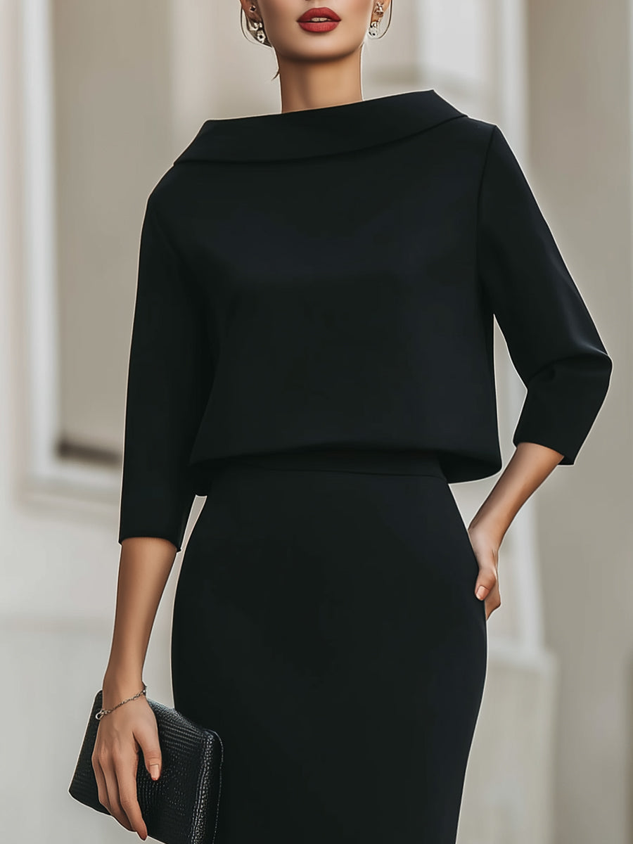 Boat-neck top and straight midi skirt set for women | Arvienne -12