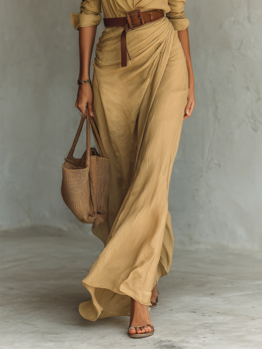 Belted lapel single-breasted maxi dress for women | Lapelle -3