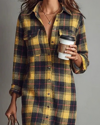 Calviera | Women's Checkered Shirt Collar Knee Length Dress