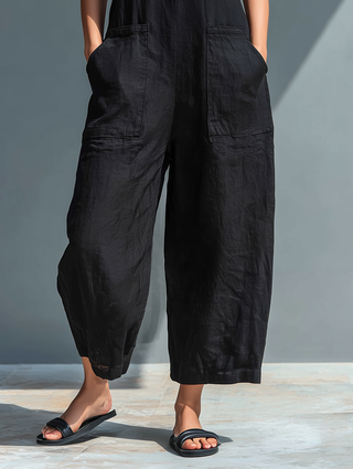 Linen blend button-up loose everyday jumpsuit for women | Linelia -4