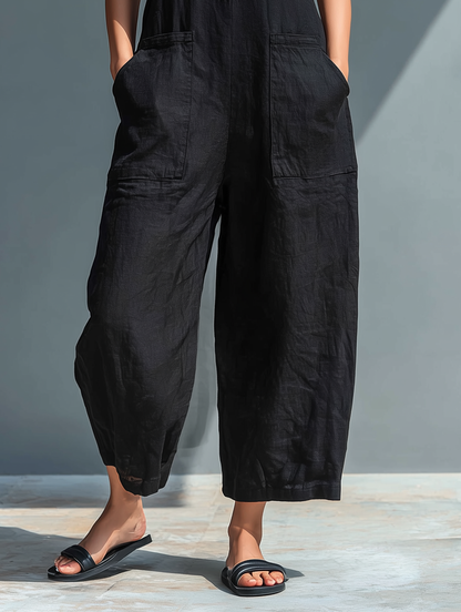 Linen blend button-up loose everyday jumpsuit for women | Linelia -4