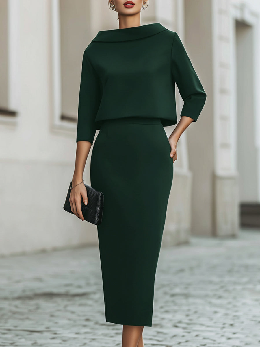 Boat-neck top and straight midi skirt set for women | Arvienne -10