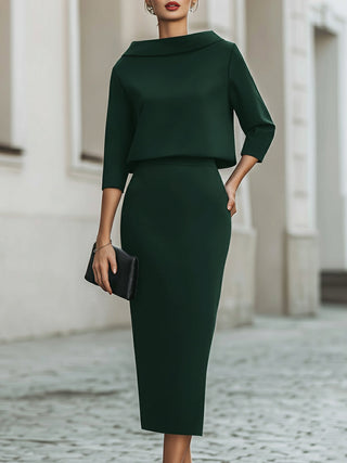 Boat-neck top and straight midi skirt set for women | Arvienne -10