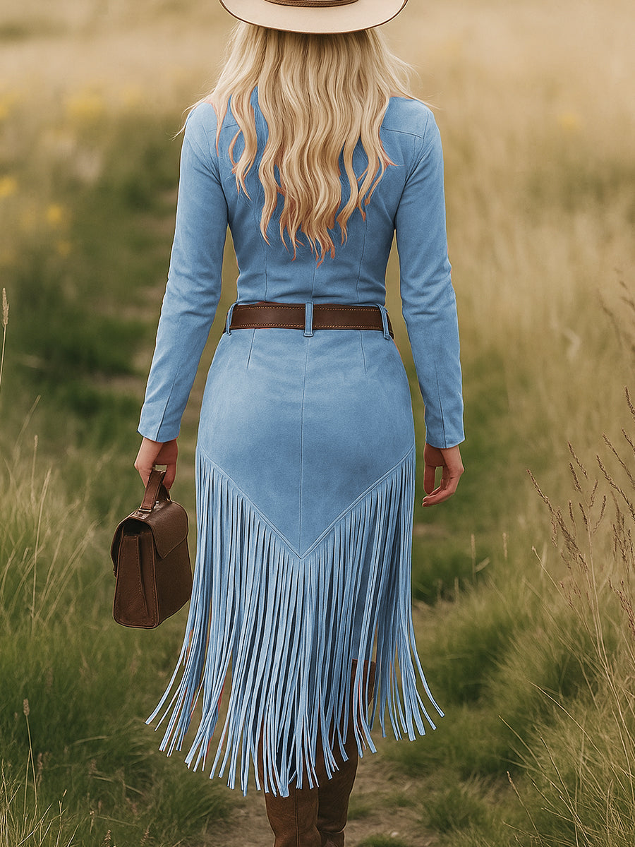 Western-inspired tassel-detail midi dress for women | Calindra -14