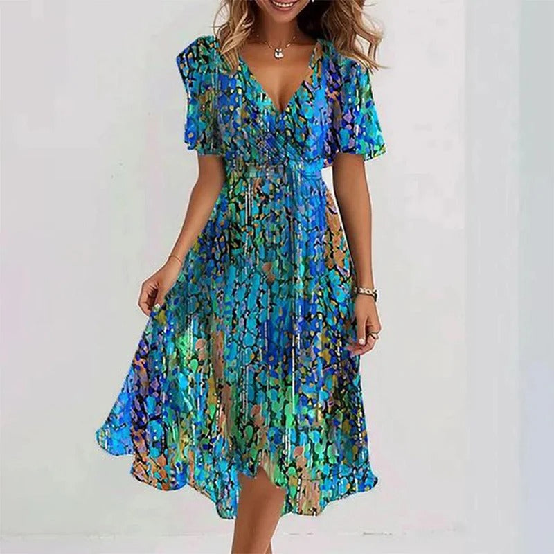 Elegant colourful printed midi dress for women | Yara -8