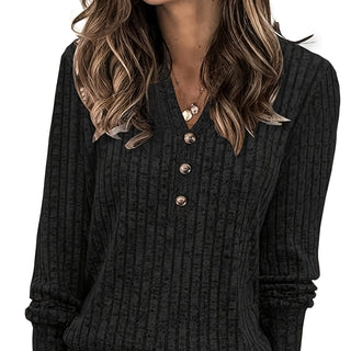 Virelle | Women's Ribbed Button Neck Long Sleeve Top