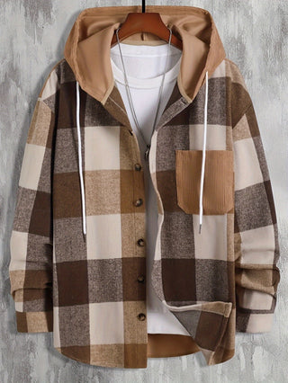 Verdan | Men's Checked Hooded Button Front Overshirt Jacket