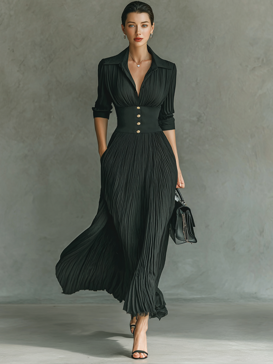 Solid pleated lapel waist maxi dress for women | Pleatura -5