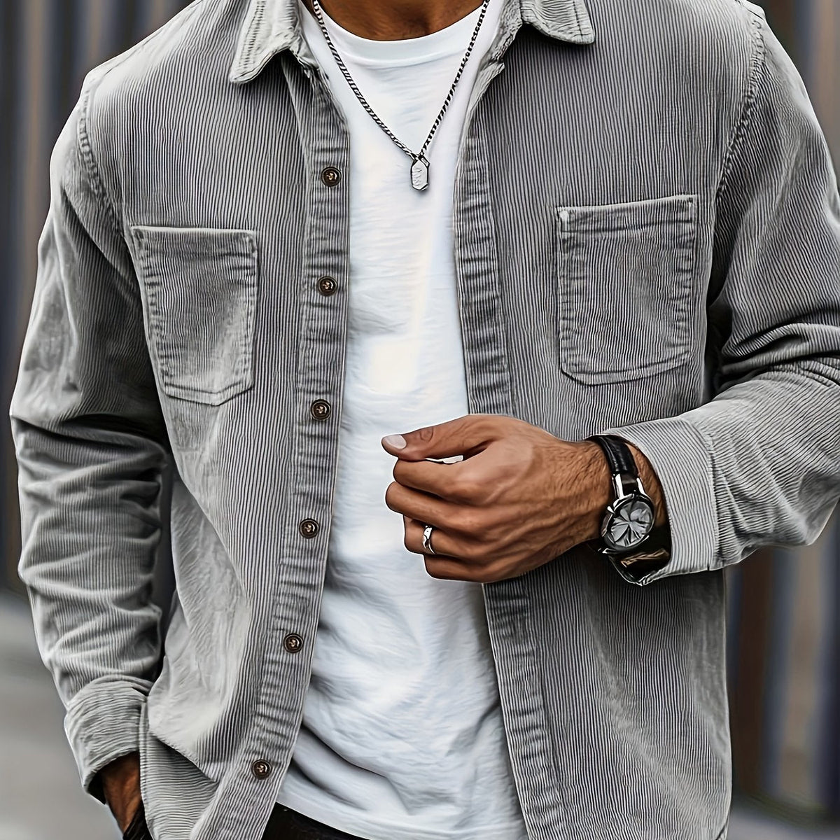 Textured casual button-up overshirt for men | Ellison Cord -19