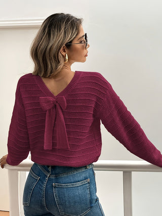 Roselle | Women's V Neck Bow Detail Knit Sweater