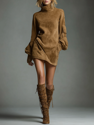 Vintage loose suede turtleneck mini dress for women | Suedette -1