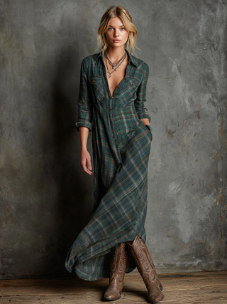 Plaid lapel shirt-style maxi dress for women | Plaidella -2