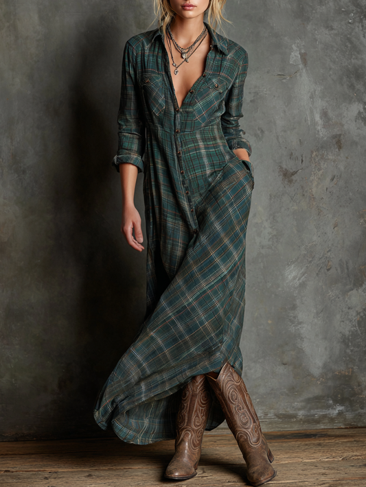 Plaid lapel shirt-style maxi dress for women | Plaidella -1
