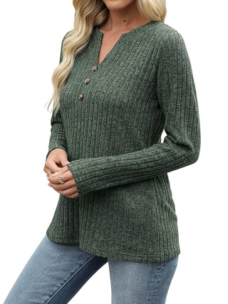 Virelle | Women's Ribbed Button Neck Long Sleeve Top