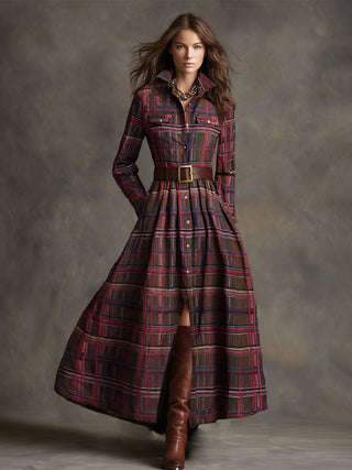 Retro plaid lapel-collar belted maxi dress for women | Marzena -22
