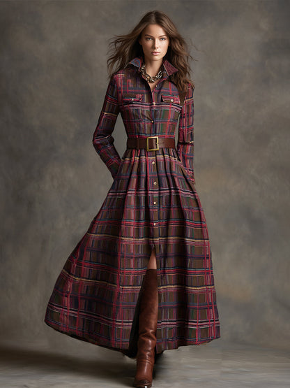 Retro plaid lapel-collar belted maxi dress for women | Marzena -22