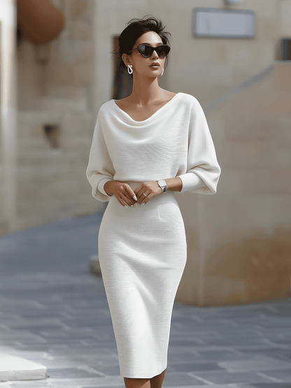 Draped batwing cowl-neck midi dress for women | Selvara -14
