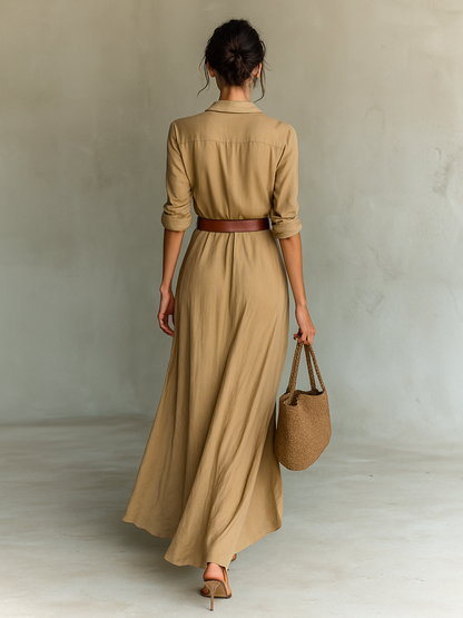 Belted lapel single-breasted maxi dress for women | Lapelle -4