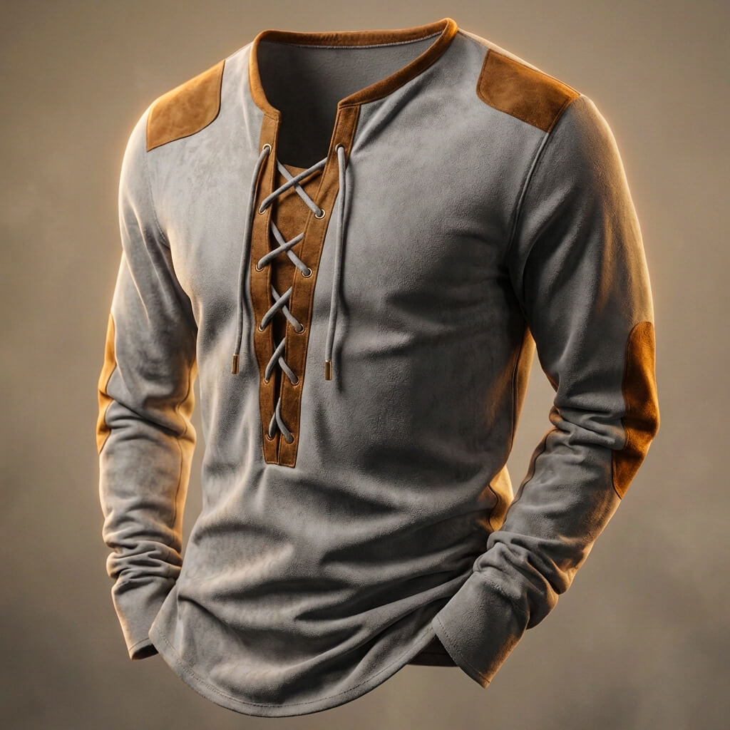 Lace-up Henley contrast-panel casual shirt for men | Dean -2