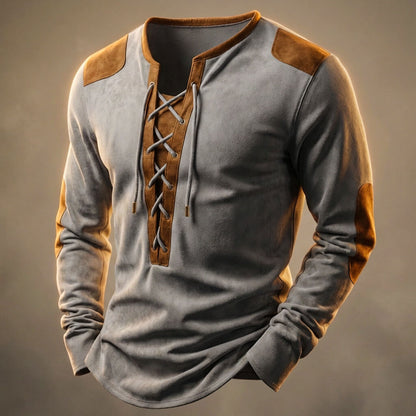 Lace-up Henley contrast-panel casual shirt for men | Dean -2