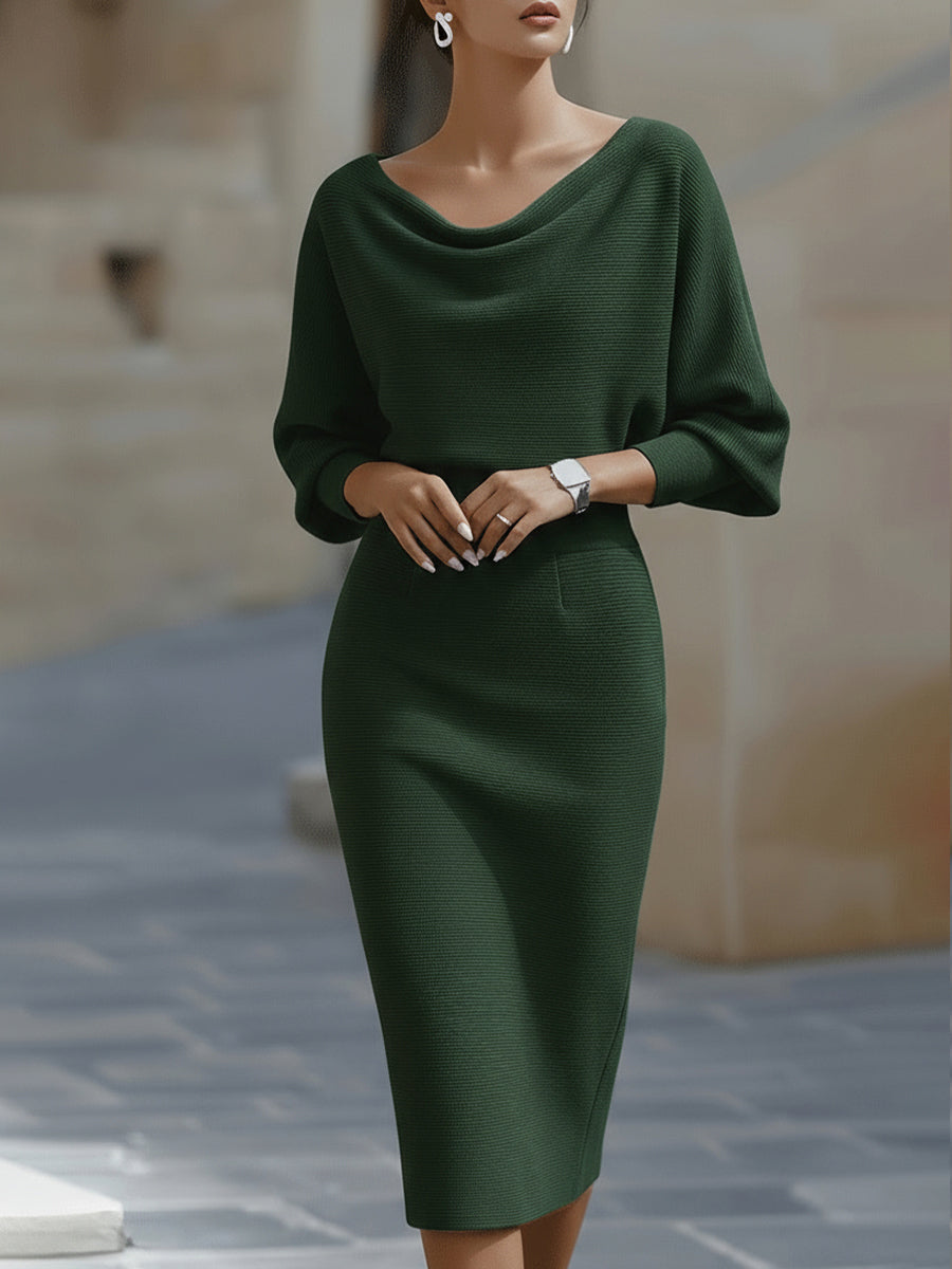 Draped batwing cowl-neck midi dress for women | Selvara -4