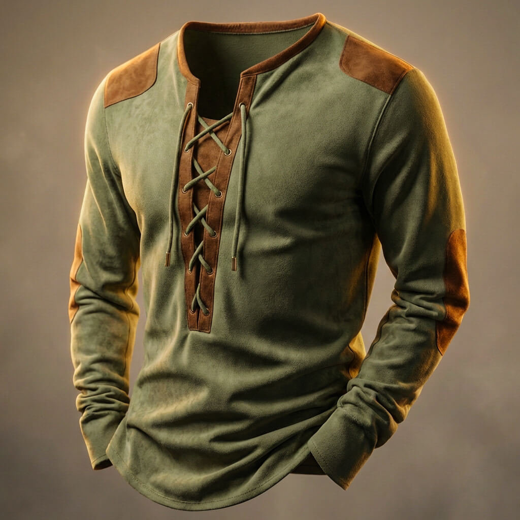 Lace-up Henley contrast-panel casual shirt for men | Dean -4