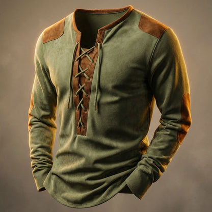 Lace-up Henley contrast-panel casual shirt for men | Dean -4