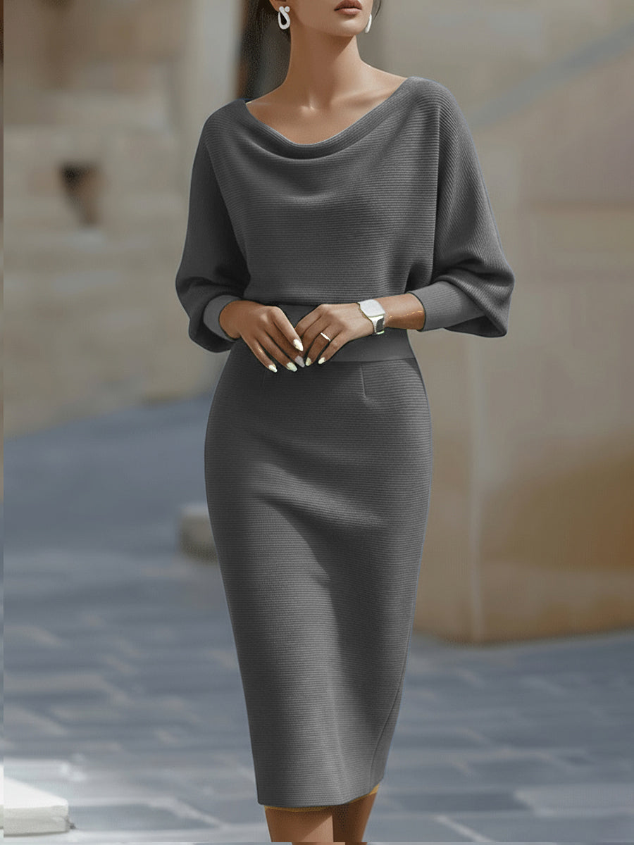 Draped batwing cowl-neck midi dress for women | Selvara -10