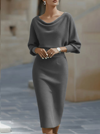Draped batwing cowl-neck midi dress for women | Selvara -10