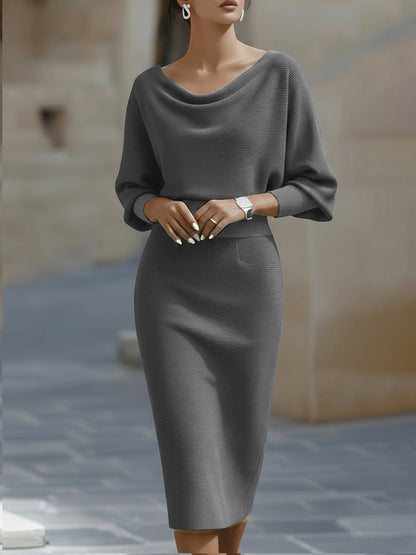 Draped batwing cowl-neck midi dress for women | Selvara -10