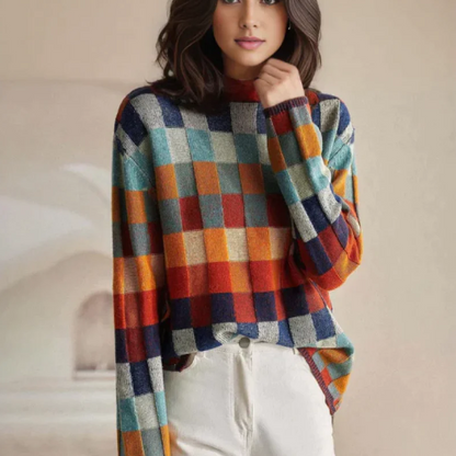 Multi-colour check knit everyday jumper for women | Arlena -1