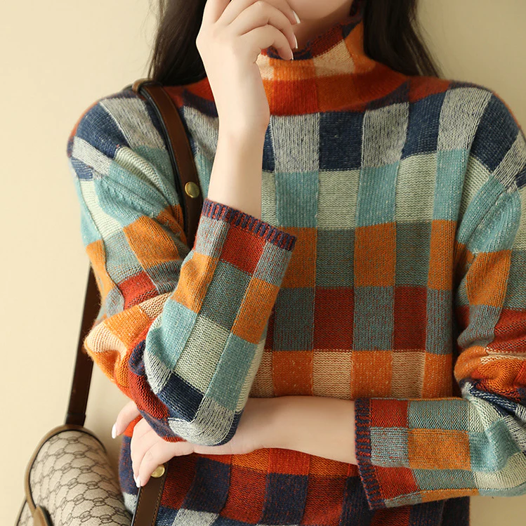 Multi-colour check knit everyday jumper for women | Arlena -2