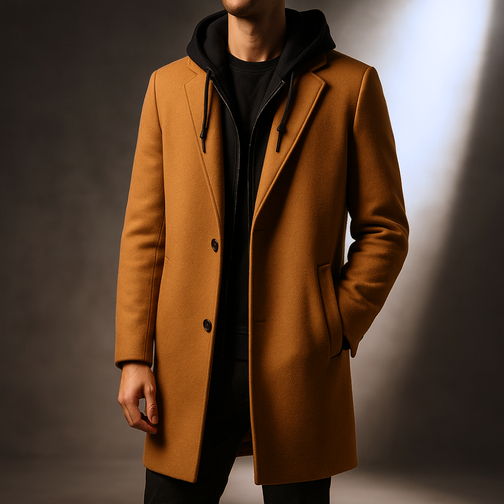 Hooded full-zip wool-blend overcoat for men | Delmar -1