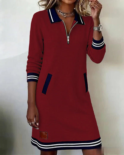 Chic long sleeve zip-front midi dress with pockets for Women | Elina Core
