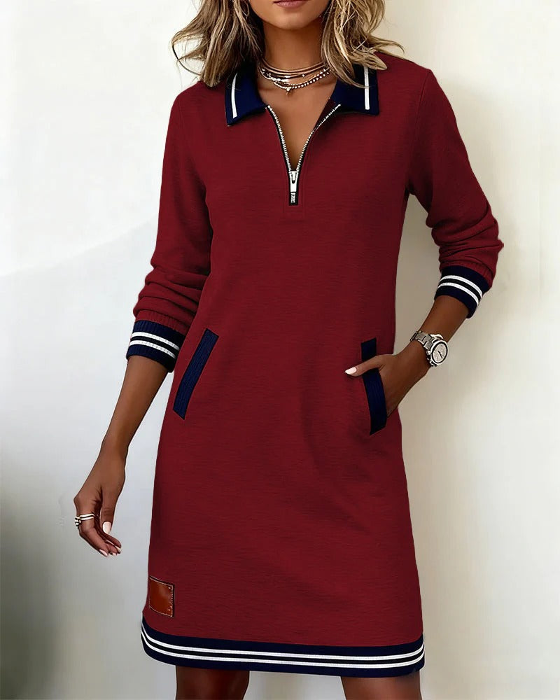 Chic long sleeve zip-front midi dress with pockets for Women | Elina Core