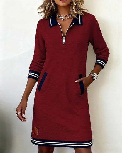 Chic long sleeve zip-front midi dress with pockets for Women | Elina Core