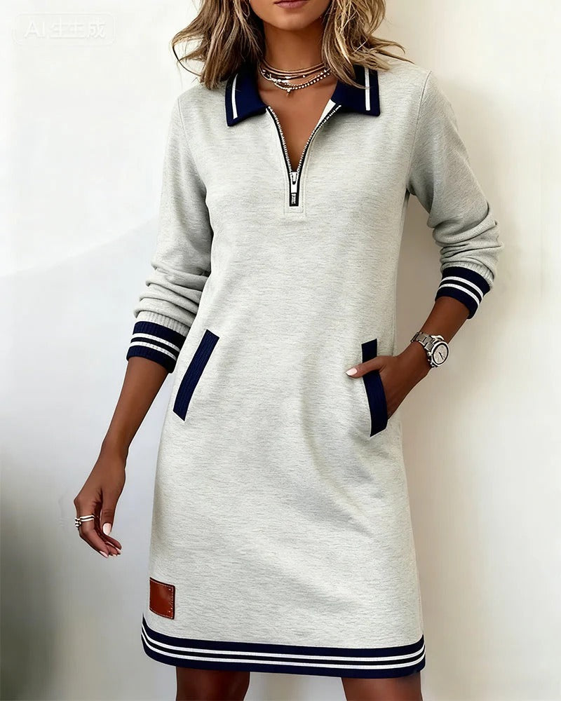 Chic long sleeve zip-front midi dress with pockets for Women | Elina Core