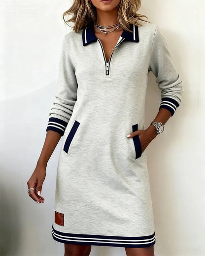 Chic long sleeve zip-front midi dress with pockets for Women | Elina Core